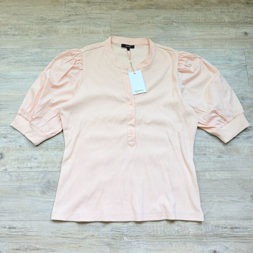 Quince Cotton Mixed Media Puff Sleeve Top Large Blush Pink Rib Knit NWT